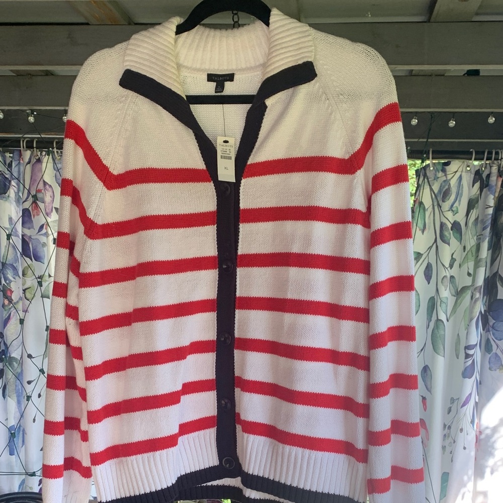 Talbots Red and White Striped Cardigan